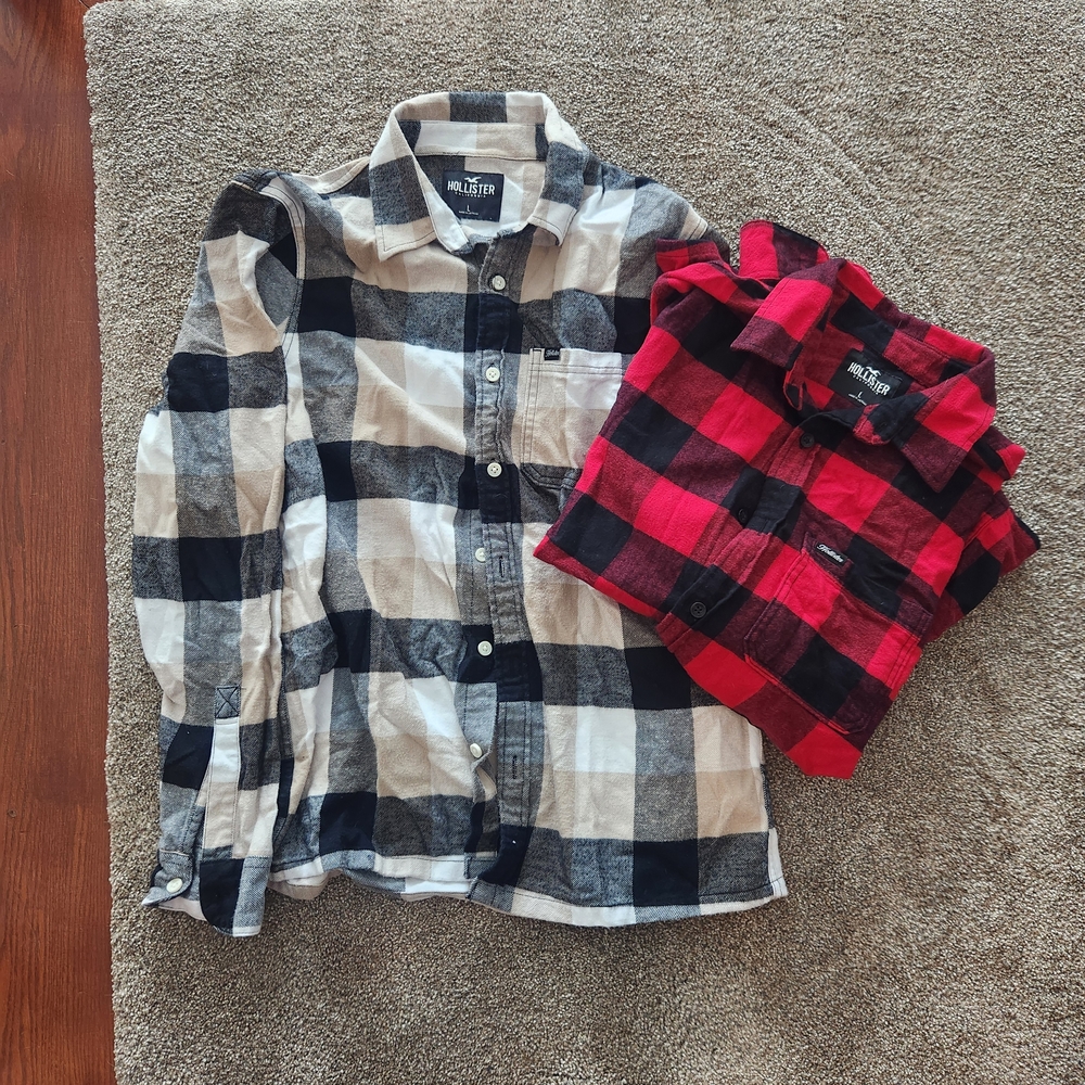 Hollister Men's Flannel Button-Down Shirts - Black, White, and Red